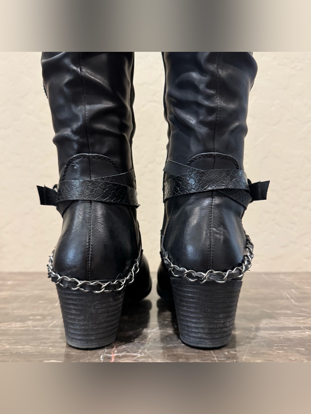 Spring Step Faux Leather Chain Belted Moto Riding Boots - Picture 10 of 12